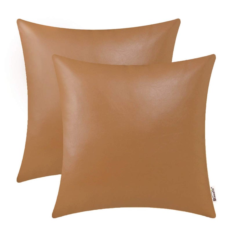 BRAWARM Faux Leather Throw Pillow Covers 20 X 20 Inches - Tan Leather Pilow Covers Pack of 2, Solid Dyed Leather Pillowcases for Couch Bed Sofa Garden Home Decorative - Image 1
